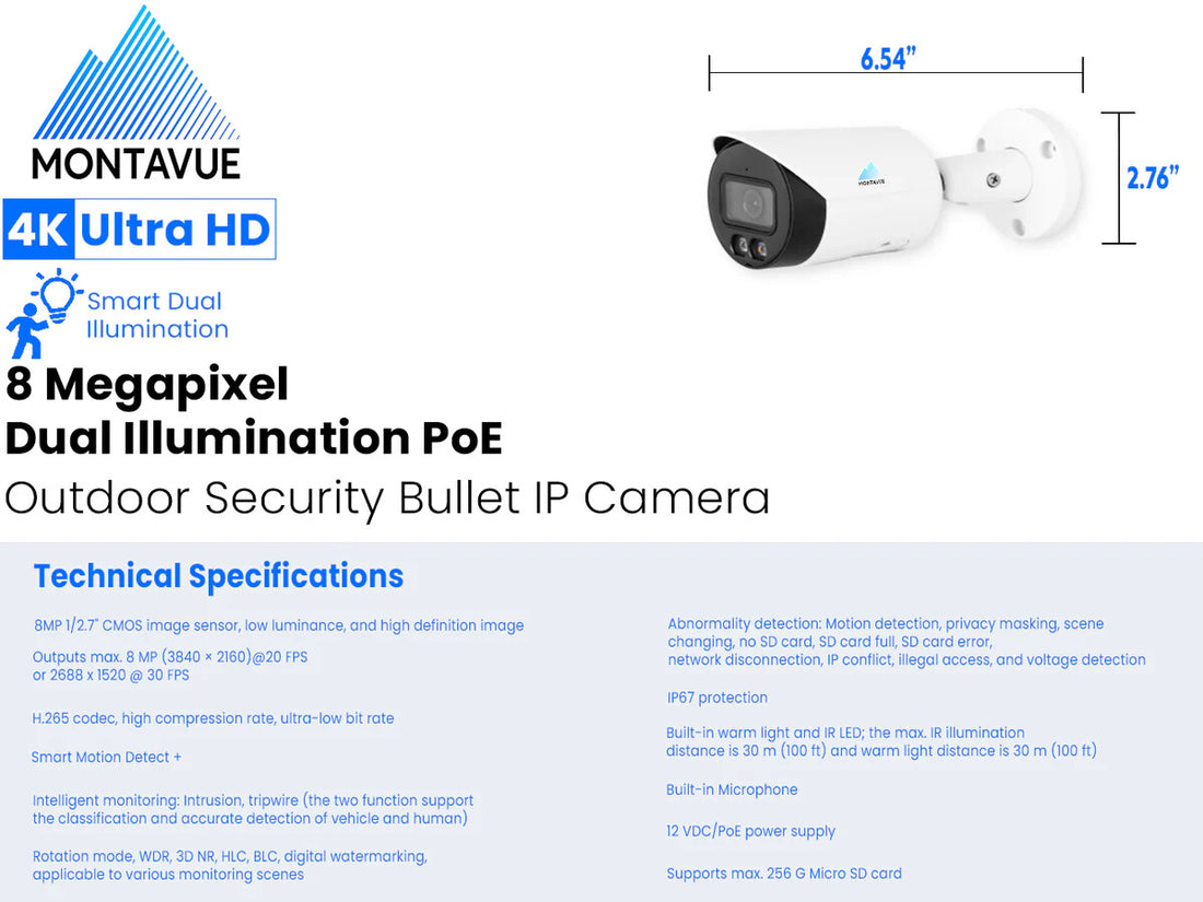 Montavue 4K 8MP IP67 20FPS AI Bullet Security Smart Camera IP Network Audio