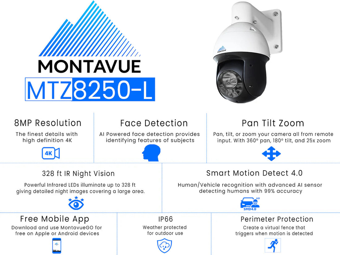 Montavue 4K 8MP  30FPS IP66 PTZ Security Camera Zoom 25x Night Vision