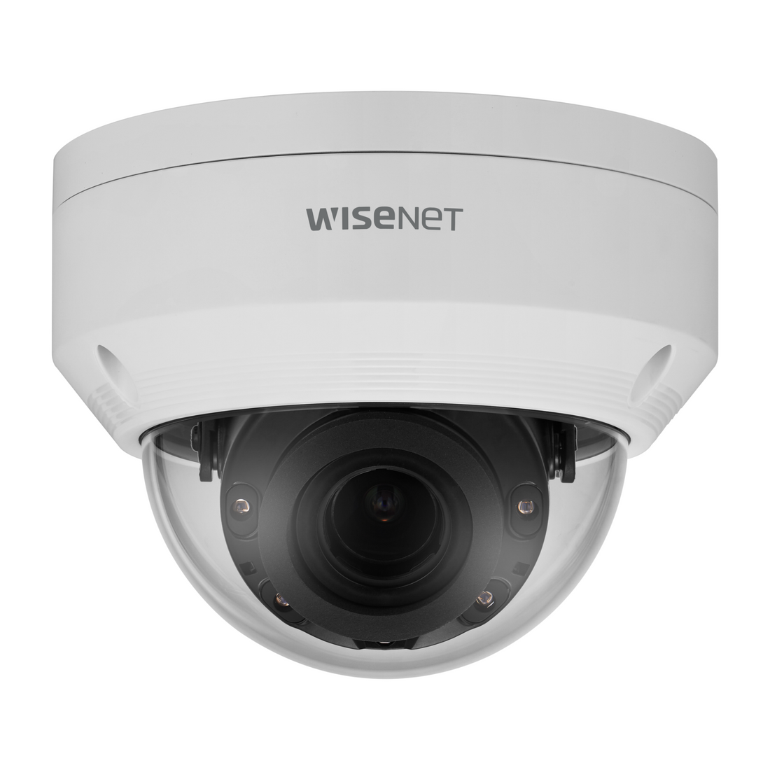 Hanwha Wisenet dome camera front view with IR and POE features